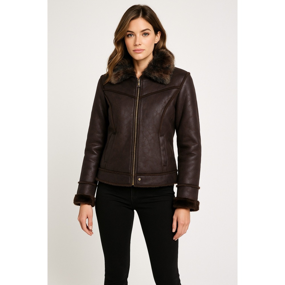 Y2K Garment Touch Jacket Women L Brown Faux‎ Leather Fur Aviator Moto Penny Lane